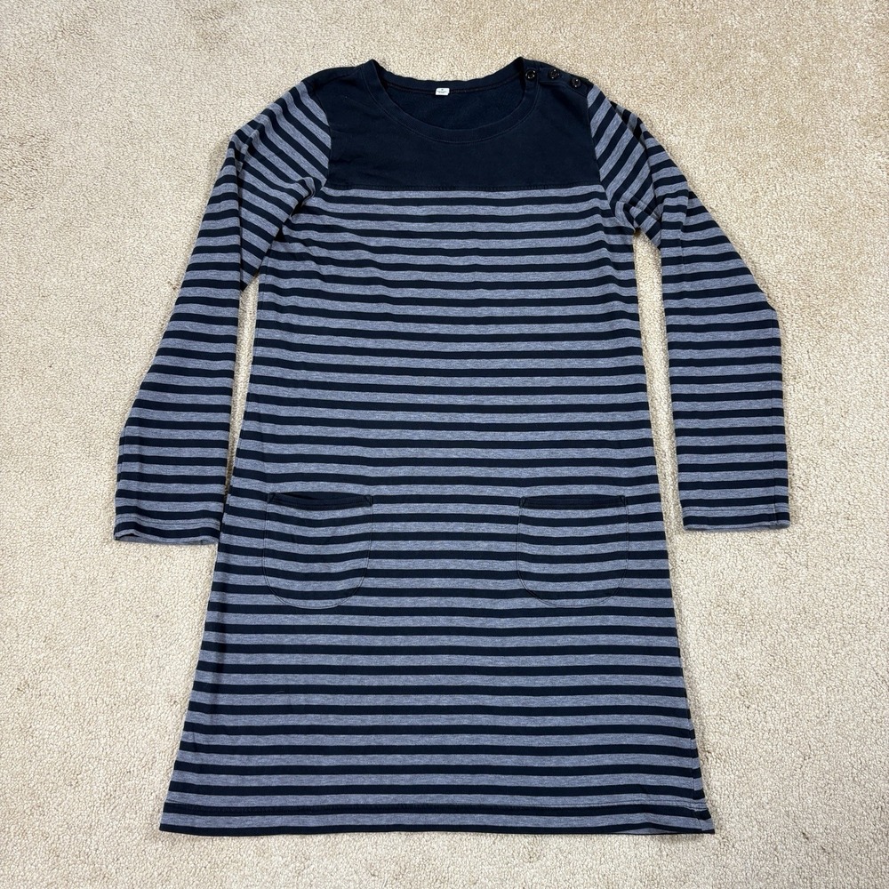 Uniqlo Black and Grey Striped Long Sleeve Dress Crewneck Pockets Sweater Small S
